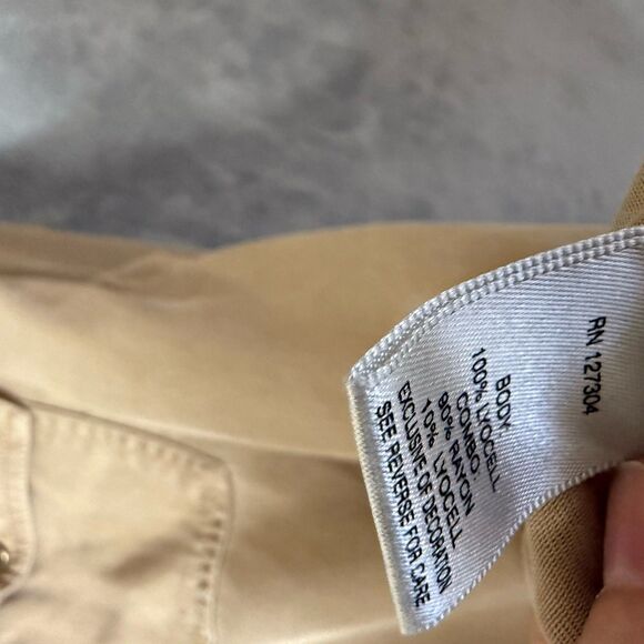 John Mark Top XL Tan Mixed Media Floral Long Sleeve  Boho Roll Tab Sleeve - Picture 7 of 8